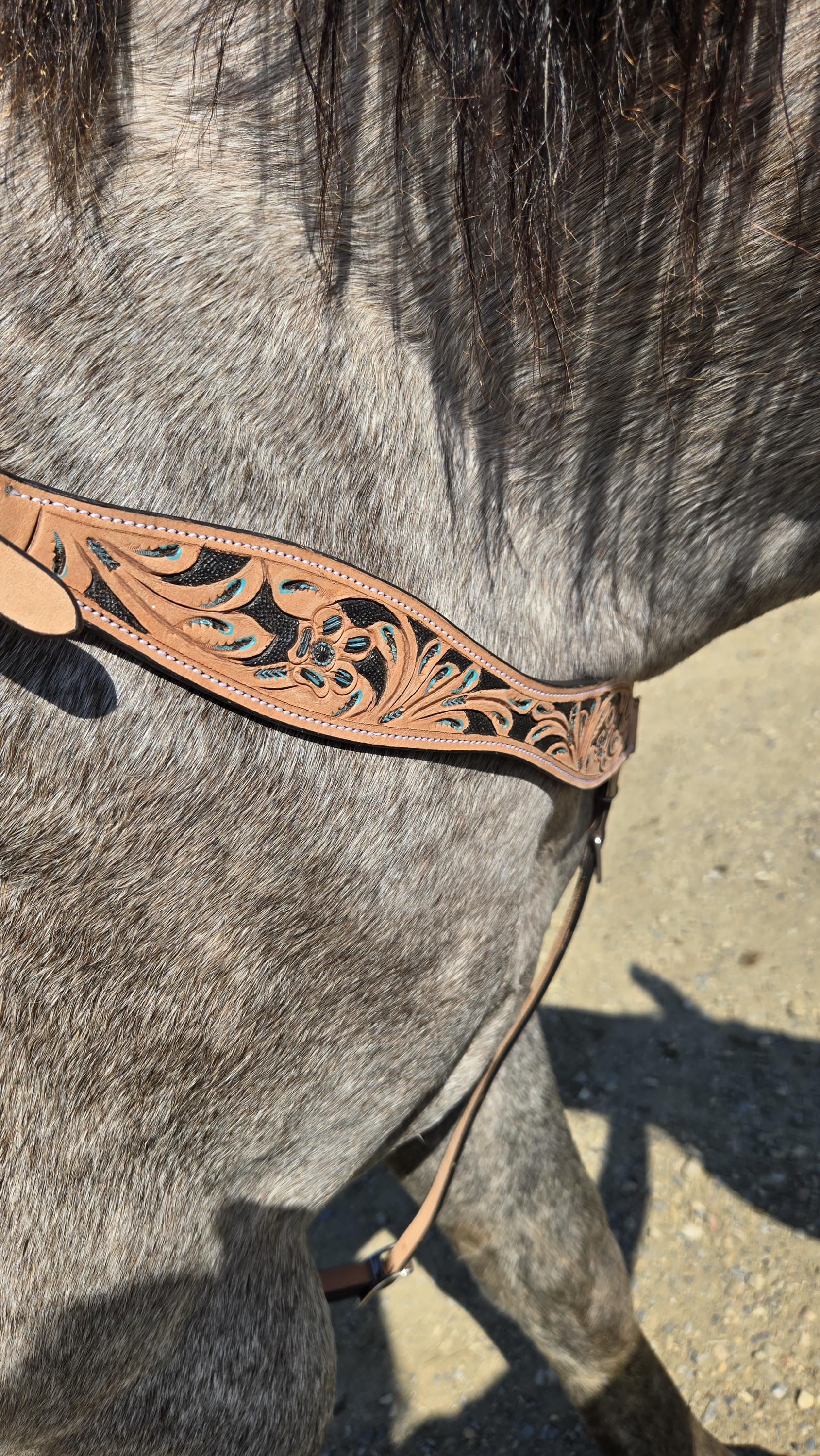 Ensemble Têtière Et Collier Western - Cuir Marron - Turquoise - Fleuri