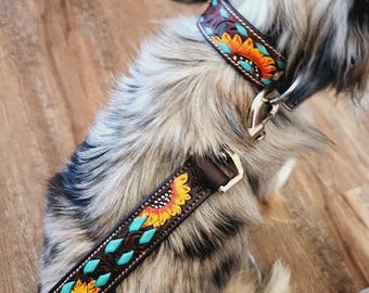 Leather Dog Collar, Turquoise Buckstitch Sunflower, Hand Painted