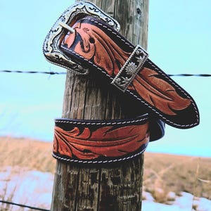 Leather Belt - Trail Feather Western Belt With Intricate Buckstitch Detailing, Premium Handmade Western Style Accessory