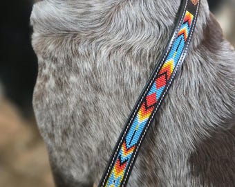 Outlaw River Beaded Leather Dog Leash - 6ft Heavy Duty Full Grain Western Dog Lead - Matching Collar Available