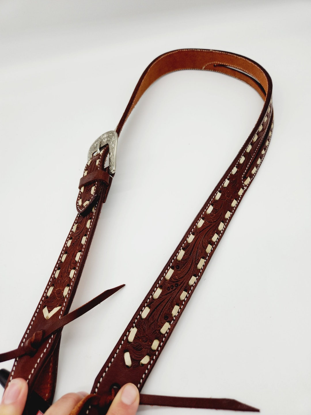 Belt Style White Buckstitch Split Ear Headstall Western Headstall