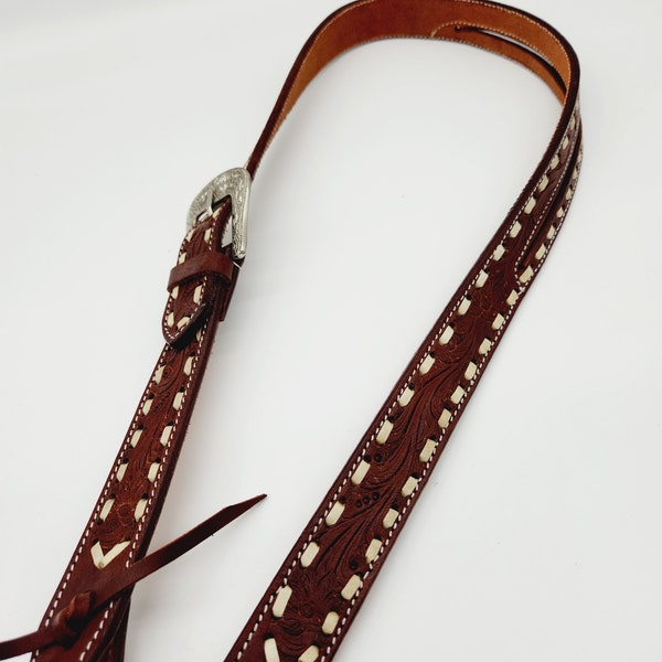 Belt Style White Buckstitch- Split Ear Headstall - Western Headstall- Bridle- Quarter Horse Tooled Leather Headstall
