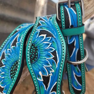 Leather Dog Collar- Blue Painted Sunflower - Handmade Western Leather Dog Collar - Premium Full-Grain, Durable & Stylish Design