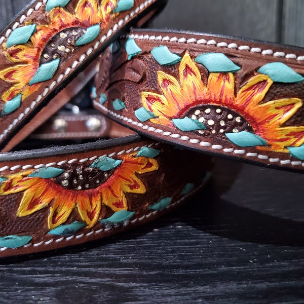 Leather Dog Collar, Turquoise Buckstitch Sunflower, Hand Painted Collar, Genuine Leather, Pet Collar, Handmade collar, Training Dog Collar