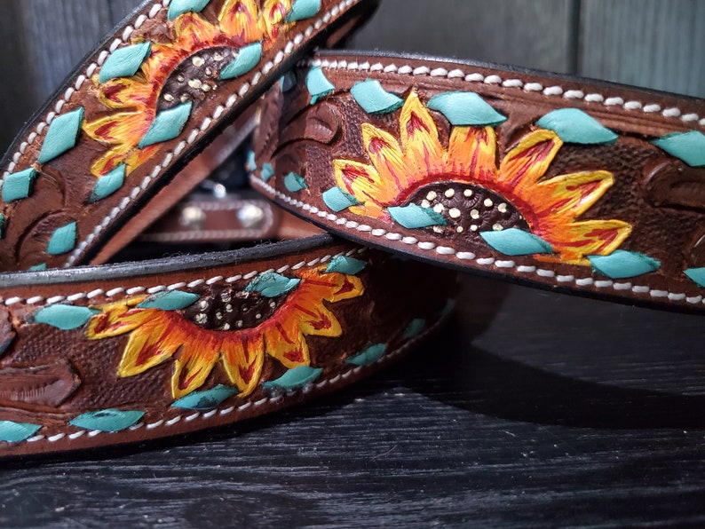 Leather Dog Collar, Turquoise Buckstitch Sunflower, Hand Painted Collar, Genuine Leather, Pet Collar, Handmade collar, Training Dog Collar image 1