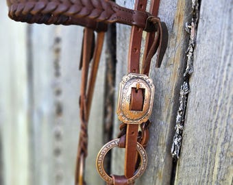Twisted Iron- Rose Gold Browband Headstall with Metal Rings - Western Headstall - Western Bridle- Leather Horse Tack - Ranch Hand Premium