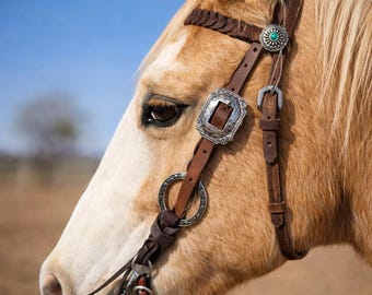 Twisted Iron- Silver Sage Metal Ring Browband Headstall - Western Headstall - Western Bridle- Leather Horse Tack - Ranch Hand Premium