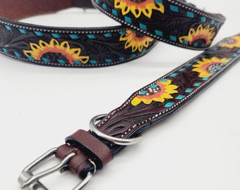 Sunflower Stitch Collar, Pet dog Collar, Hand Painted Collar, Genuine Leather, Pet Collar, Handmade collar, Leather Collar, Dog Handcrafted