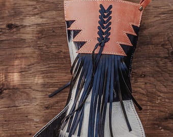 Cowhide Christmas Stockings - Hair-On Cowhide, Western Christmas Decor, Rustic Leather Stocking, Handmade Xmas Gift