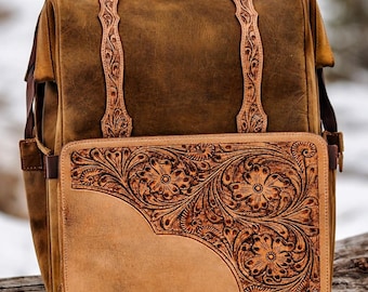 The Buckaroo - Western Leather Diaper Bag | Hand-Tooled Straps, Insulated Bottle Pocket