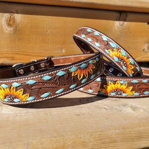 Leather Dog Collar, Turquoise Buckstitch Sunflower, Hand Painted Collar, Genuine Leather, Pet Collar, Handmade collar, Training Dog Collar image 3