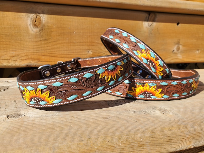 Leather Dog Collar, Turquoise Buckstitch Sunflower, Hand Painted Collar, Genuine Leather, Pet Collar, Handmade collar, Training Dog Collar image 3