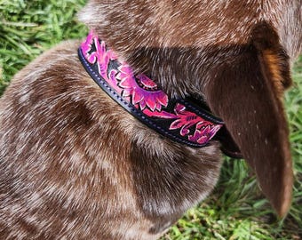 Sunflower Dog Collar, Pink Painted Sunflower, Leather Dog Collar