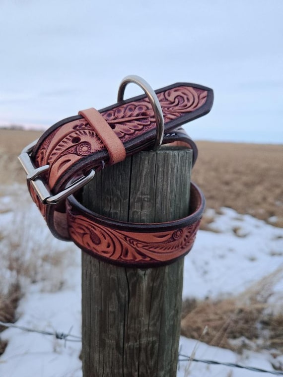 Leather Dog Collar- Herdsman Tooled Handmade Western Leather Dog