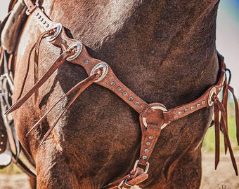 Twisted Iron- Outlaw Silver Stud Breast Collar - Western Breast Collar - Ranch Hand Leather Breast Collars - Premium Leather - Handmade