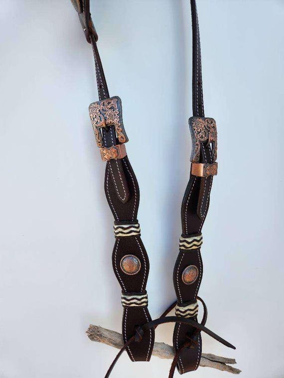 Têtière Western En Cuir Tressé Une Oreille, Huile Foncée Rouge Et Naturel, Neuve