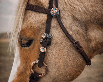 Twisted Iron- Copper Mesa Browband Metal Ring Bridle - Western Headstall for the rodeo arena or the ranch. Premium leather