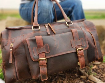 Leather Duffel Bag- Travel Deluxe - Shoe Pocket