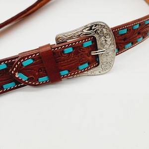 Turquoise Belt Style Split Ear Headstall With Tooling- Split Ear- Full Horse Size Headstall - Leather Bridle- Western