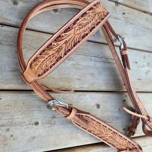 Natural Leather- Brown Buckstitch Browband Headstall - Western Headstall - Western Bridle- Leather Horse Tack - Ranch Hand Premium Leather