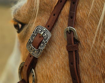 Twisted Iron- Silver Rose Metal Ring Browband Headstall - Metal Ring Bridle by Ranch Hand- Handmade Horse Tack