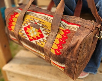 Leather Saddle Blanket Duffel Bag- Vintage Soul- Travel Bag - Western Fashion Weekend Bag - Navajo Pendleton Wool Duffel Carry on Bag