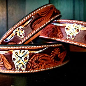 Leather Dog Collar- Longhorn Cow Skull - Handmade Western Leather Dog Collar - Premium Full-Grain, Durable & Stylish Design