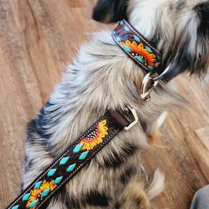 Leather Dog Collar, Turquoise Buckstitch Sunflower, Hand Painted Collar, Genuine Leather, Pet Collar, Handmade collar, Training Dog Collar