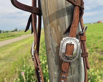 Outlaw Silver Concho Browband Headstall - Western Headstall - Western Bridle- Leather Horse Tack - Ranch Hand Premium Leather Headstall
