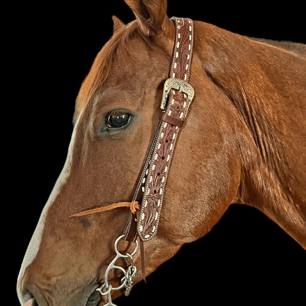 White Buckstitch- Belt Style Split Ear Headstall- Western Bridle - Full Size Horse Headstall - Genuine Leather