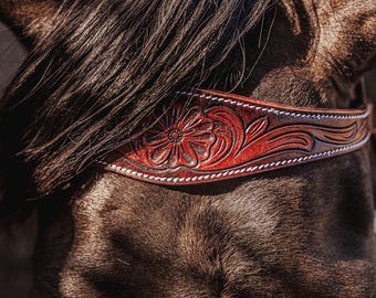Antique Leather Wide Browband Headstall - Bridle with tooling - Western Headstall - Western Bridle- Leather Horse Tack - Ranch Hand Premium