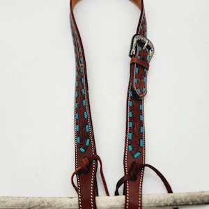 Turquoise Belt Style Split Ear Headstall With Tooling- Split Ear- Full Horse Size Headstall - Leather Bridle- Western