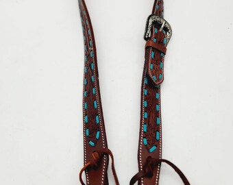 Turquoise Belt Style Split Ear Headstall With Tooling- Split Ear- Full Horse Size Headstall - Leather Bridle- Western