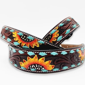 Leather Dog Collar- Turquoise Buckstitch Sunflower Dog Collar - Handmade Western Leather Dog Collar - Premium Full-Grain, Durable & Stylish