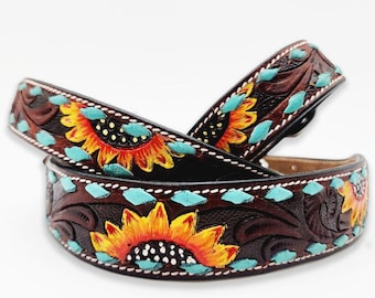 Turquoise Buckstitch Sunflower Dog Collar - Handmade Western Leather Dog Collar - Premium Full-Grain, Durable & Stylish