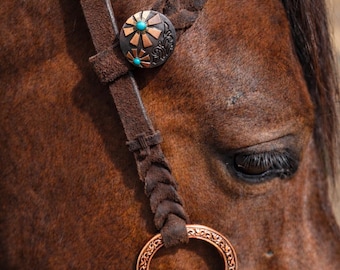 Twisted Iron- Copper Mesa One Ear Headstall with Rose Gold Metal Rings - Western Headstall - Western Bridle- Leather Horse Tack - Ranch Hand
