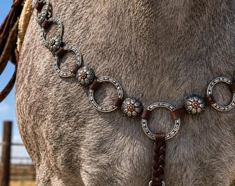Twisted Iron - Silver Rose - Metal Ring Breast Collar - Western Breast Collar - Ranch Hand Leather Breast Collars - Premium Leather