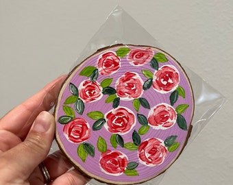 Pack of Four Rustic Hand Painted Floral Wood Slice Coasters