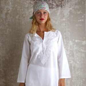 White embroidered cotton dress,Handmade embroidered tunic, city or beach wear, elegant and simple in all circumstances and all season.