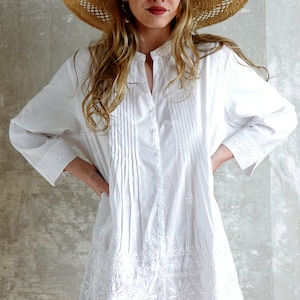 White embroidered cotton dress,Handmade embroidered tunic, super fresh and soft cotton, elegant and simple in all circumstances.
