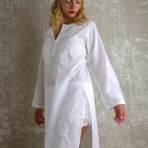 Women 100% Cotton White Dress Summer Dresses Maxi Dress Tunic Abaya Beach Cover Up for Women White Shirt Dresses Hand Embroidery image 3