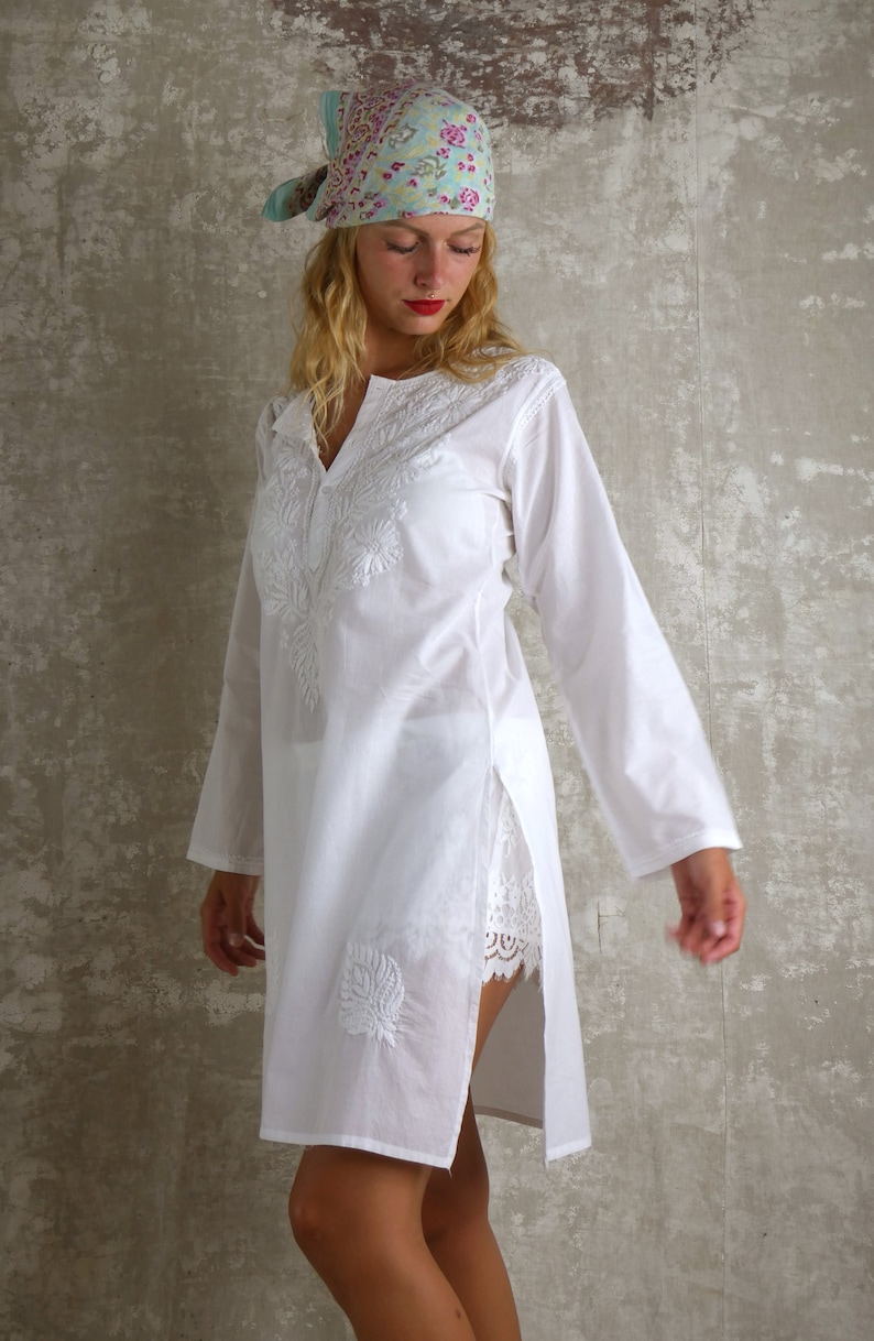 Women 100% Cotton White Dress Summer Dresses Maxi Dress Tunic Abaya Beach Cover Up for Women White Shirt Dresses Hand Embroidery image 3