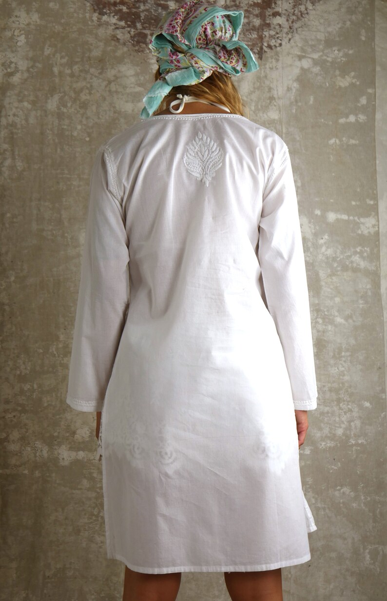 Women 100% Cotton White Dress Summer Dresses Maxi Dress Tunic Abaya Beach Cover Up for Women White Shirt Dresses Hand Embroidery image 4