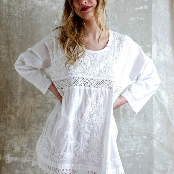 Women  100% Cotton White Dress Summer Dresses Maxi Dress Tunic Abaya Beach Cover Up for Women White Shirt Dresses Hand Embroidery