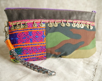 Real old embroidery cosmetic trousse made with a vintage and rare baby Hmong hat
