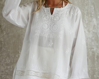 Women  100% Cotton White Dress Summer Dresses Maxi Dress Tunic Abaya Beach Cover Up for Women White Shirt Dresses Hand Embroidery