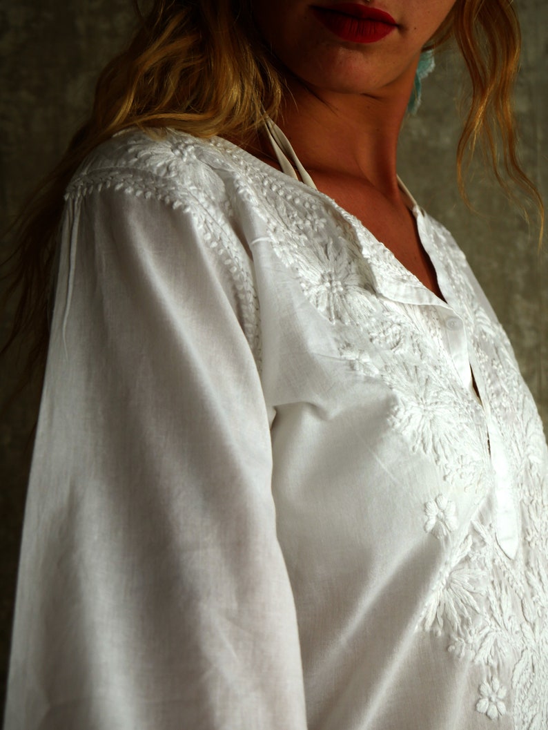 Women 100% Cotton White Dress Summer Dresses Maxi Dress Tunic Abaya Beach Cover Up for Women White Shirt Dresses Hand Embroidery image 5