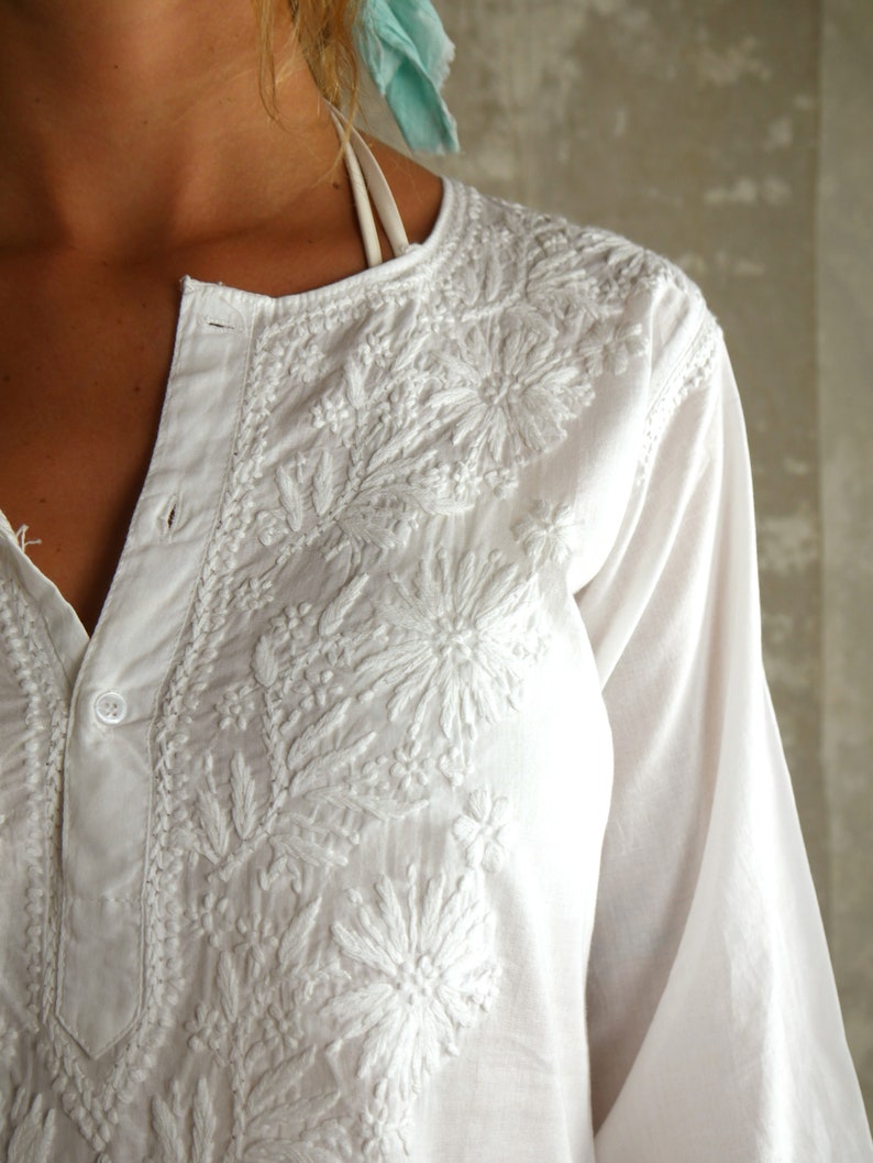 Women 100% Cotton White Dress Summer Dresses Maxi Dress Tunic Abaya Beach Cover Up for Women White Shirt Dresses Hand Embroidery image 6