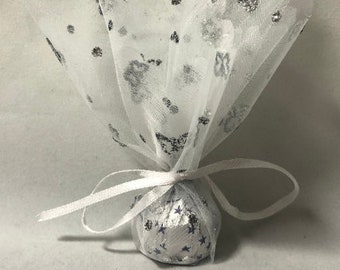 White Tulle Squares with Silver Glitter Butterflies | Wedding Favor (50 Pack)
