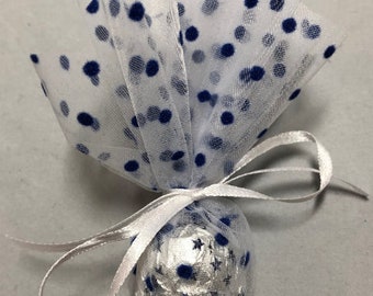 Tulle Circles | 9" White with Blue Polka Dots Tulle Circles | 50 pieces per pack | Wedding Favors | Bridal Shower Favors | Almond Favors
